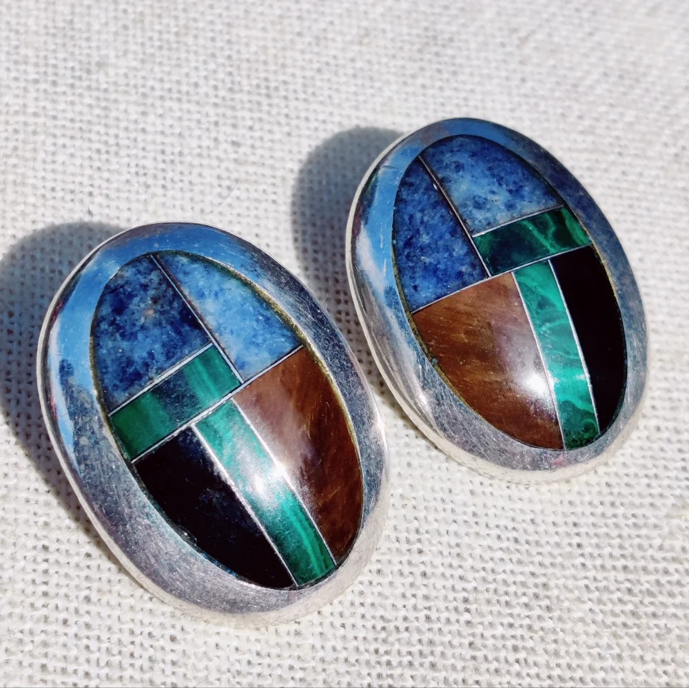 Vintage heavy 950 fine silver Mosaic taxco signed stone earrings - Picture 2 of 15